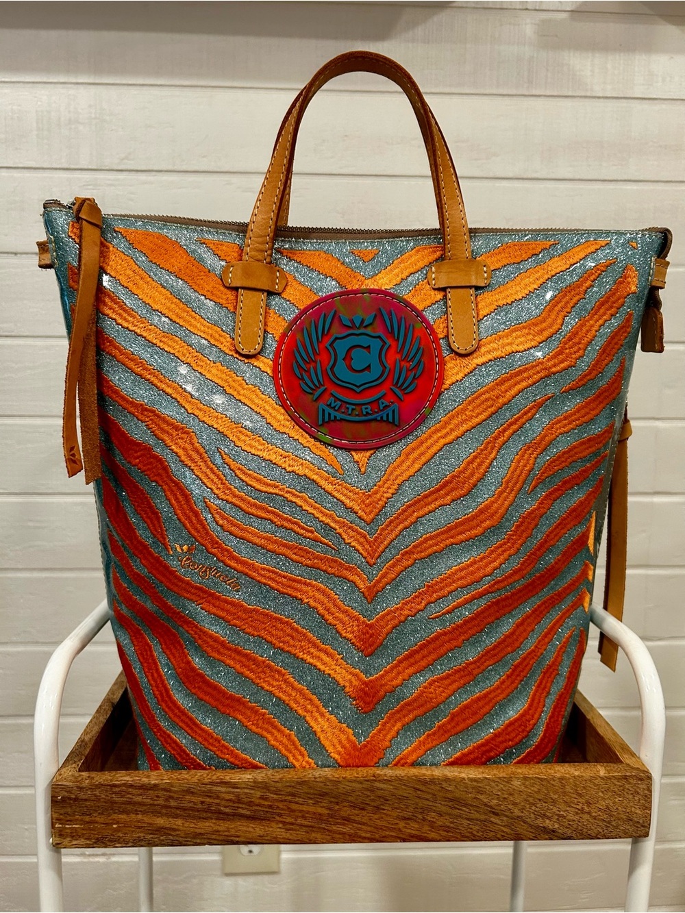 Consuela Bag Colorful Zebra-Stripe Tote Bag - Orange & Teal